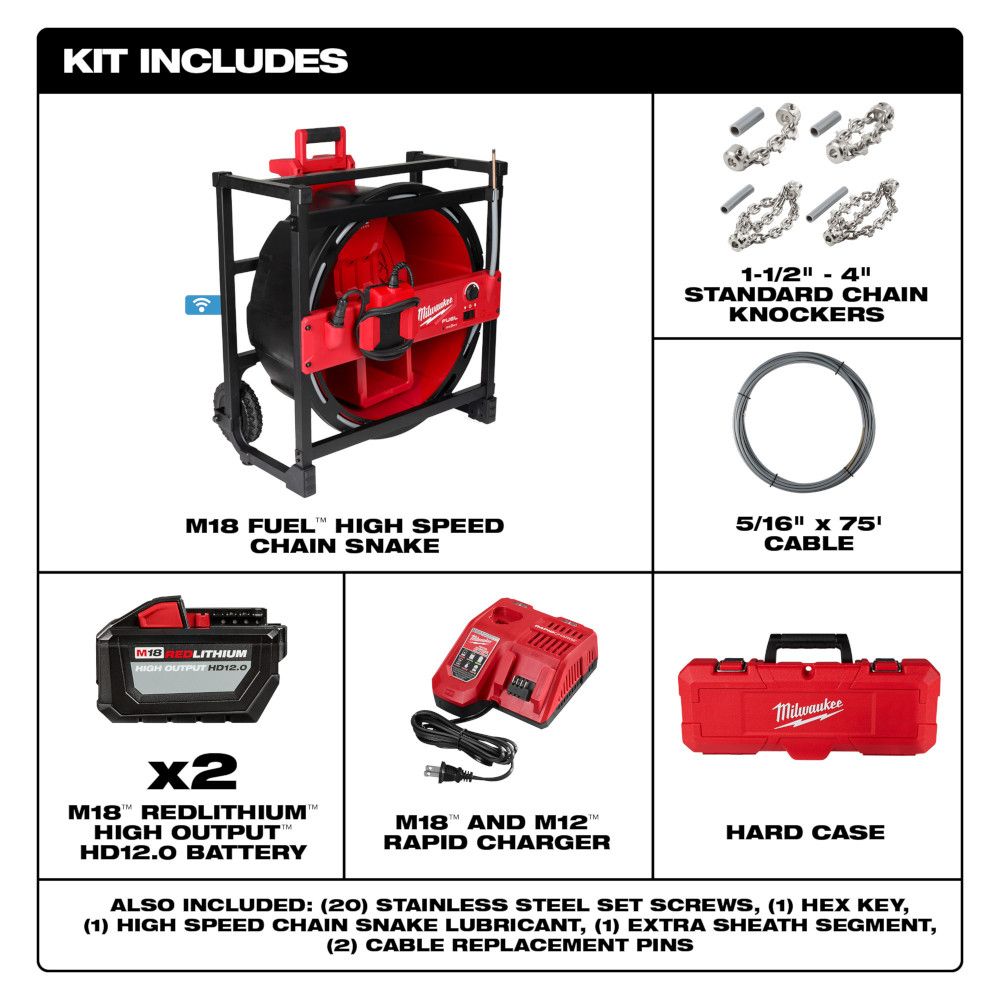 M18 FUEL™ High Speed Chain Snake for 1-1/2” – 4” Pipes (5/16" cable - 75' length) | (Milwaukee 2819-22)