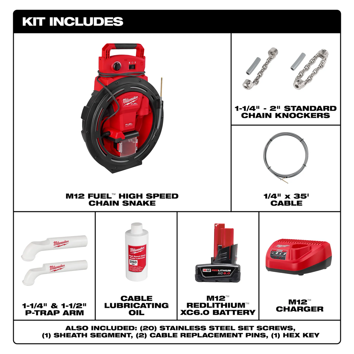 M12 FUEL™ High Speed Chain Snake for 1-1/4”-2” Pipes (1/4" cable - 35' length) | (Milwaukee 2519-21)