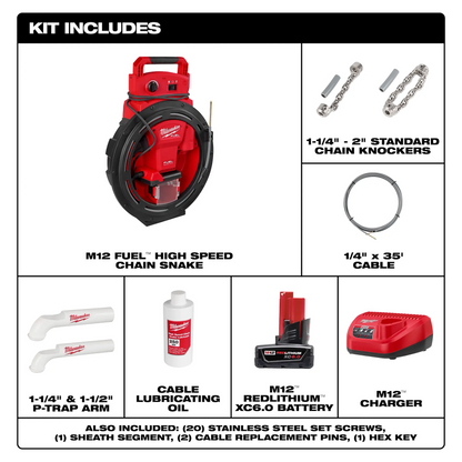 M12 FUEL™ High Speed Chain Snake for 1-1/4”-2” Pipes (1/4" cable - 35' length) | (Milwaukee 2519-21)