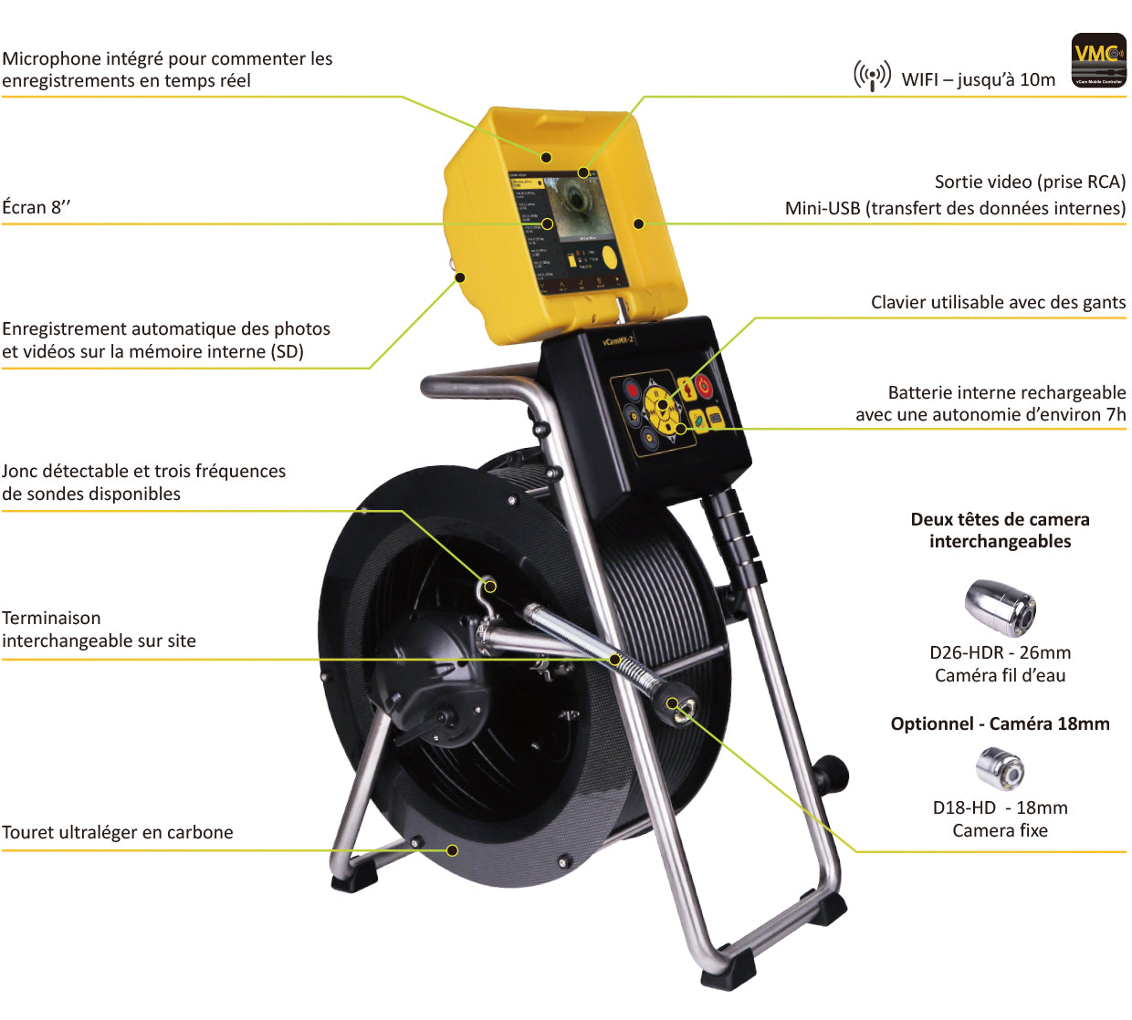 Caméra d’inspection vidéo professionnelle Vivax-Metrotech vCamMX-2 pour les tuyaux de 2.0'' à 4.0''